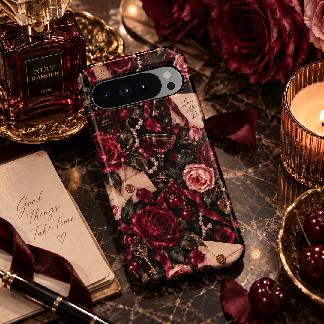 Love After Dark Google Pixel case featuring burgundy and blush roses, vintage love letters, pearls, antique keys, cherries, velvet ribbons, perfume and an elegant coupe glass on a dark romantic background.