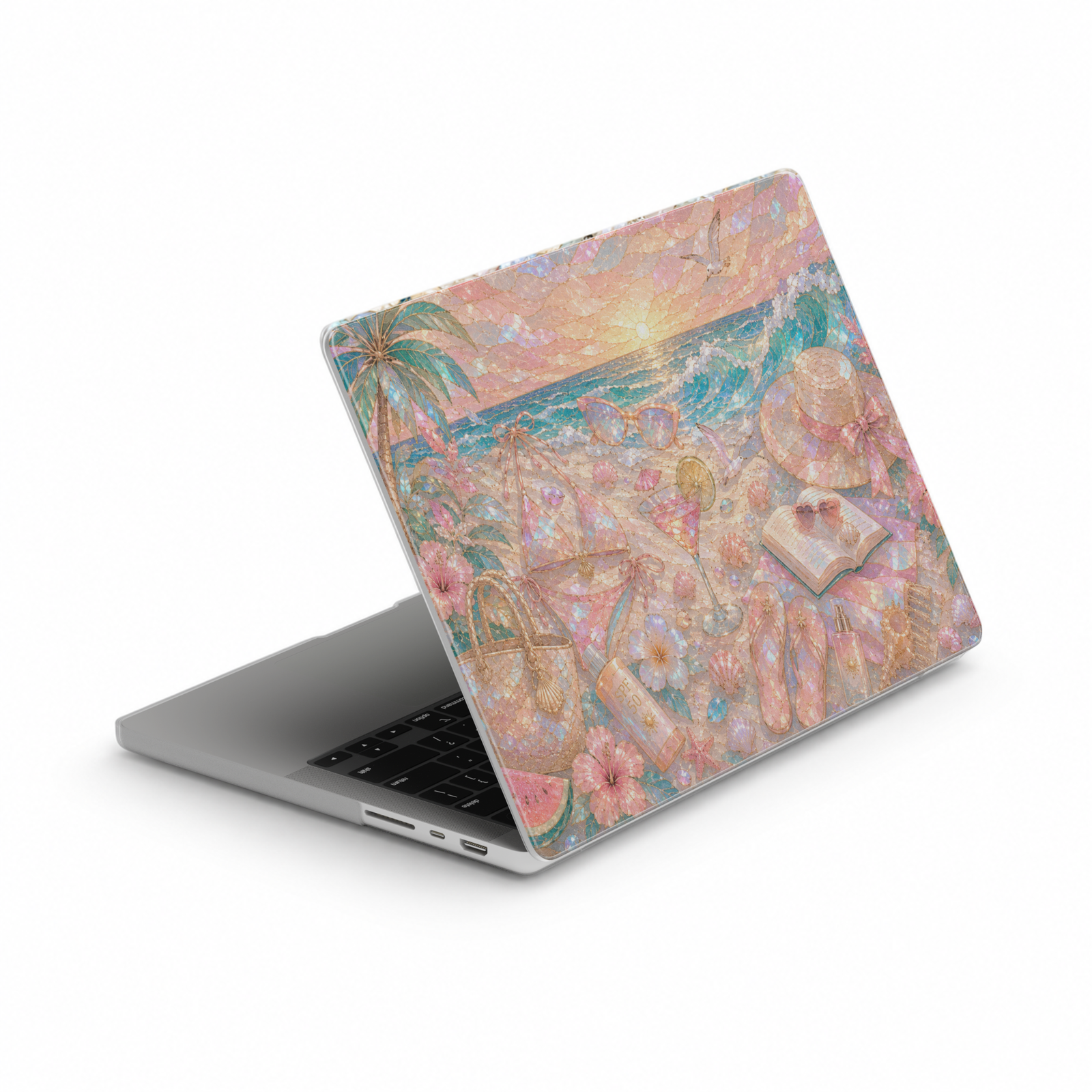 Pink beach-themed MacBook cover featuring seashells, ocean waves, tropical palms, sunglasses, bows, sandals, beach accessories, and a dreamy coastal sunset.