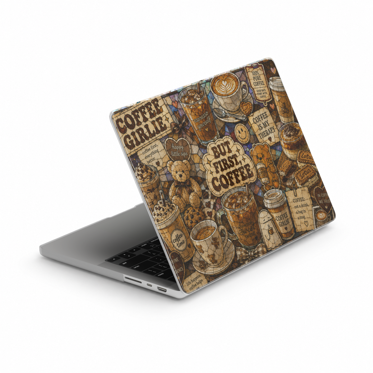 Brown coffee-themed MacBook cover featuring espresso drinks, iced coffee, café treats, coffee quotes, teddy bears, and cozy coffeehouse artwork.