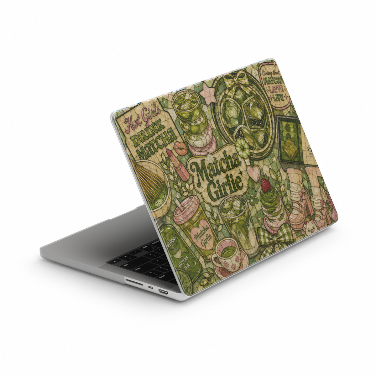 Green matcha-themed MacBook cover featuring iced matcha drinks, tea accessories, bows, strawberries, desserts, and cute coquette aesthetic artwork.