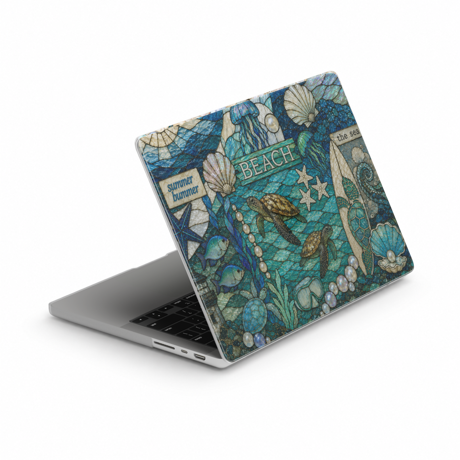 Ocean-themed MacBook cover featuring sea turtles, pearls, seashells, jellyfish, surfboards, starfish, and blue coastal beach artwork.