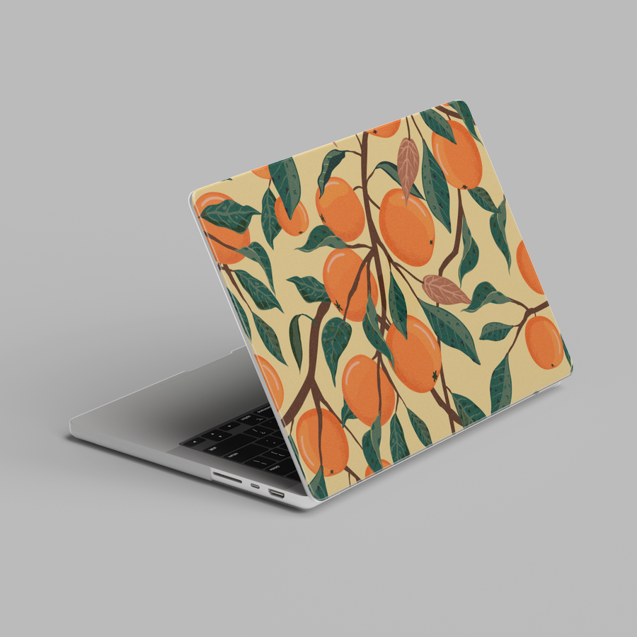 MacBook case with orange fruit and leafy branch pattern in a warm vintage botanical style