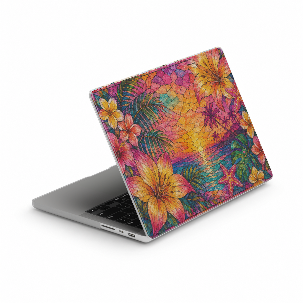 Colorful tropical sunset MacBook cover featuring hibiscus flowers, palm leaves, ocean waves, starfish, and vibrant island sunset artwork.