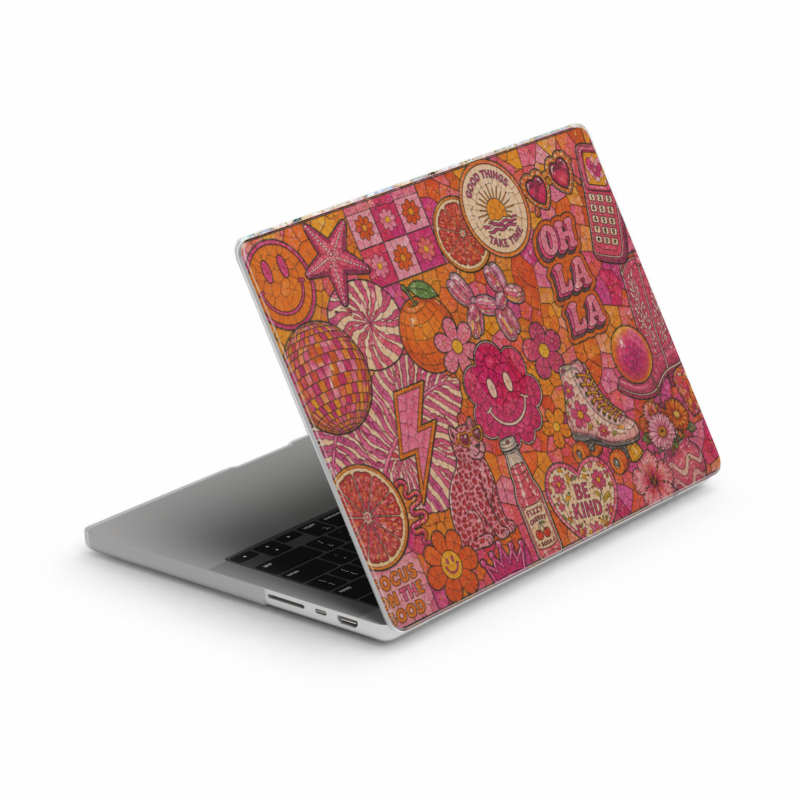 Retro pink MacBook cover featuring smiley faces, disco ball, cherries, roller skates, flowers, citrus fruit, hearts, and groovy Y2K aesthetic artwork.