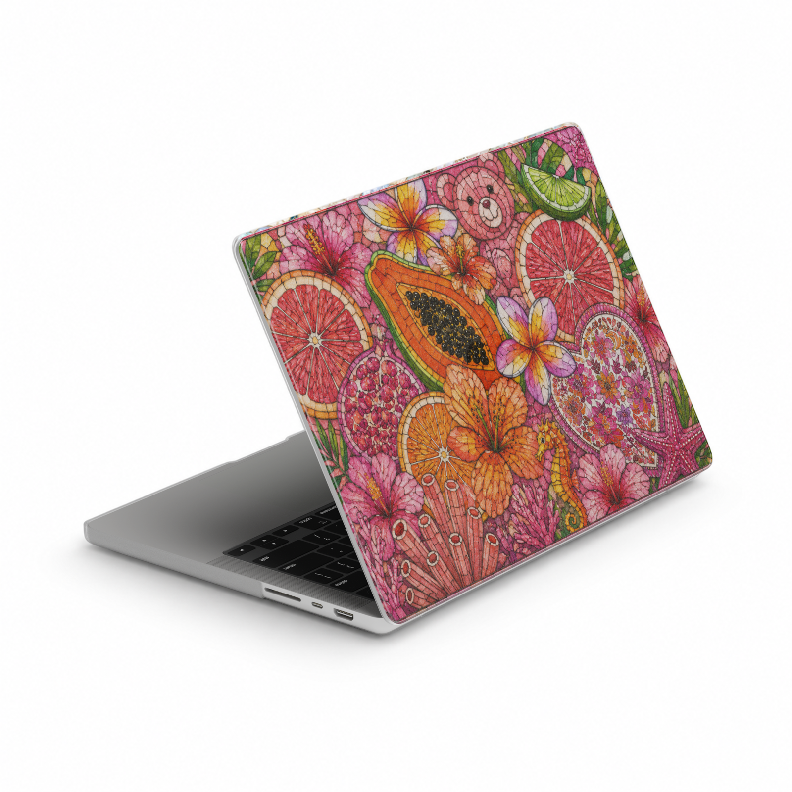 Pink tropical MacBook cover featuring grapefruit, papaya, dragonfruit, citrus slices, hibiscus flowers, coral elements, and vibrant summer island artwork.