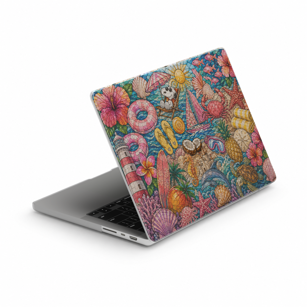 Colorful summer beach MacBook cover featuring hibiscus flowers, seashells, surfboards, dolphins, beach floats, palm trees, sailboats, and tropical vacation elements.