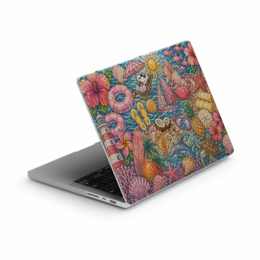 Colorful summer beach MacBook cover featuring hibiscus flowers, seashells, surfboards, dolphins, beach floats, palm trees, sailboats, and tropical vacation elements.