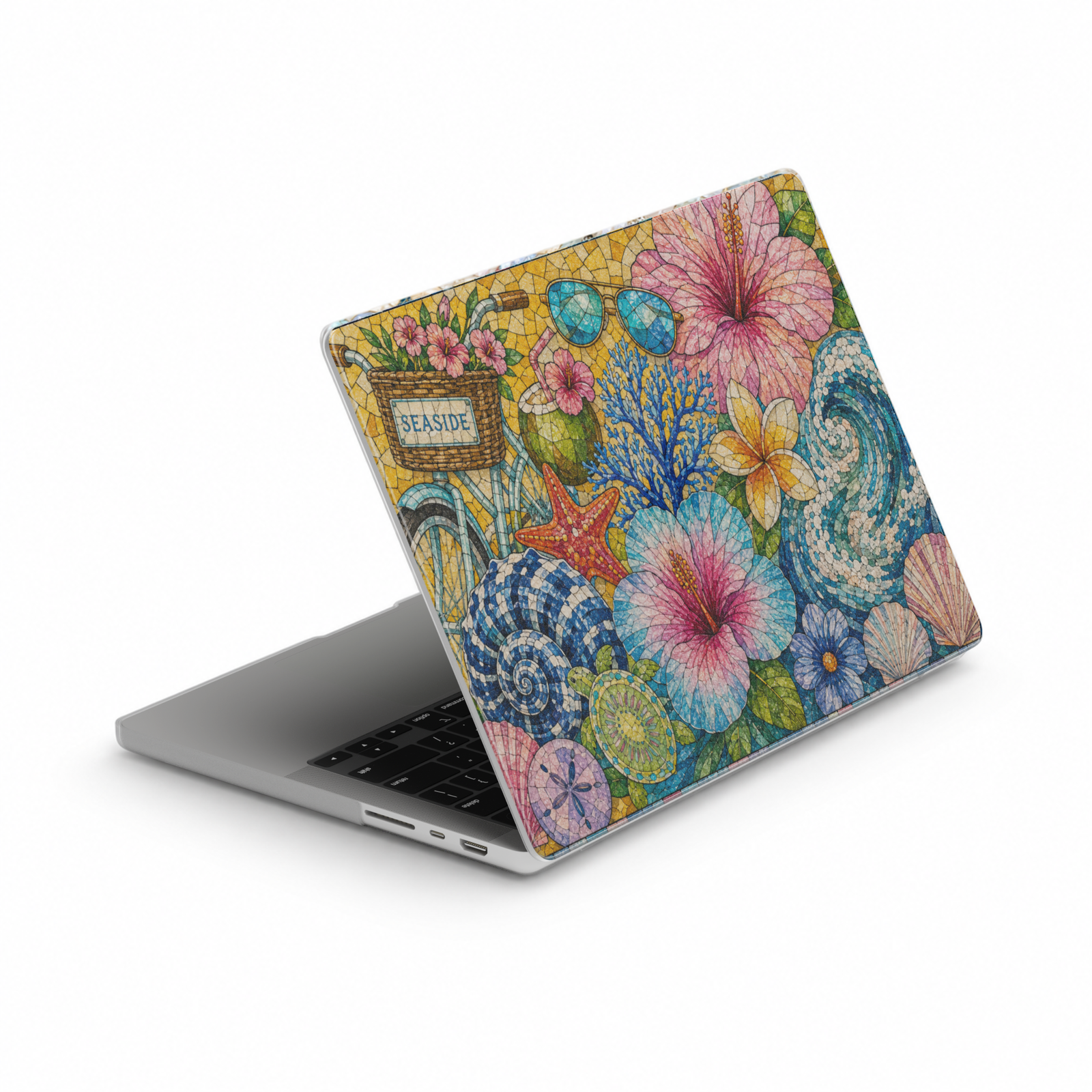 Colorful tropical beach MacBook cover featuring hibiscus flowers, ocean waves, seashells, sea turtles, starfish, sunglasses, and a seaside bicycle.