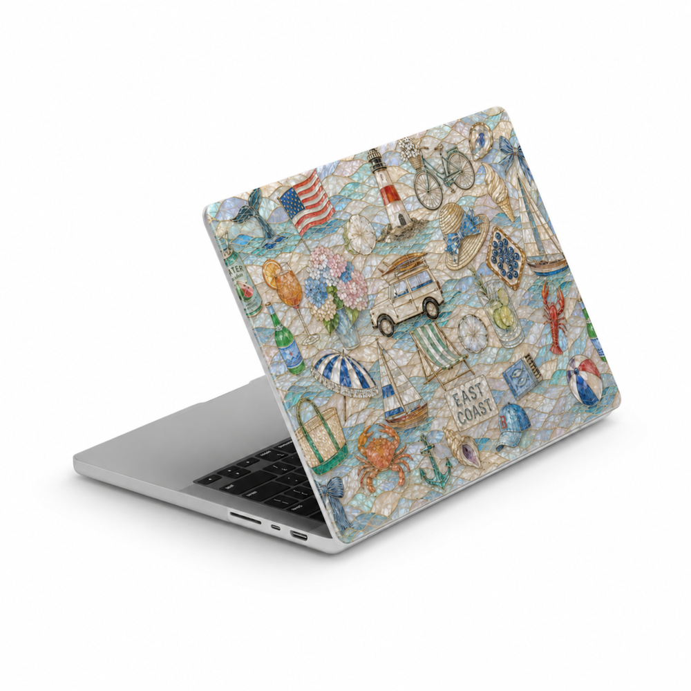 Luxury beach-themed MacBook case featuring ocean waves, palm trees, seashells, sea glass, pearls, and tropical coastal scenery in turquoise and ivory tones.