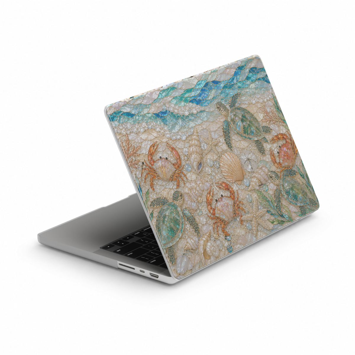 Luxury beach-themed MacBook case featuring ocean waves, palm trees, seashells, sea glass, pearls, and tropical coastal scenery in turquoise and ivory tones.