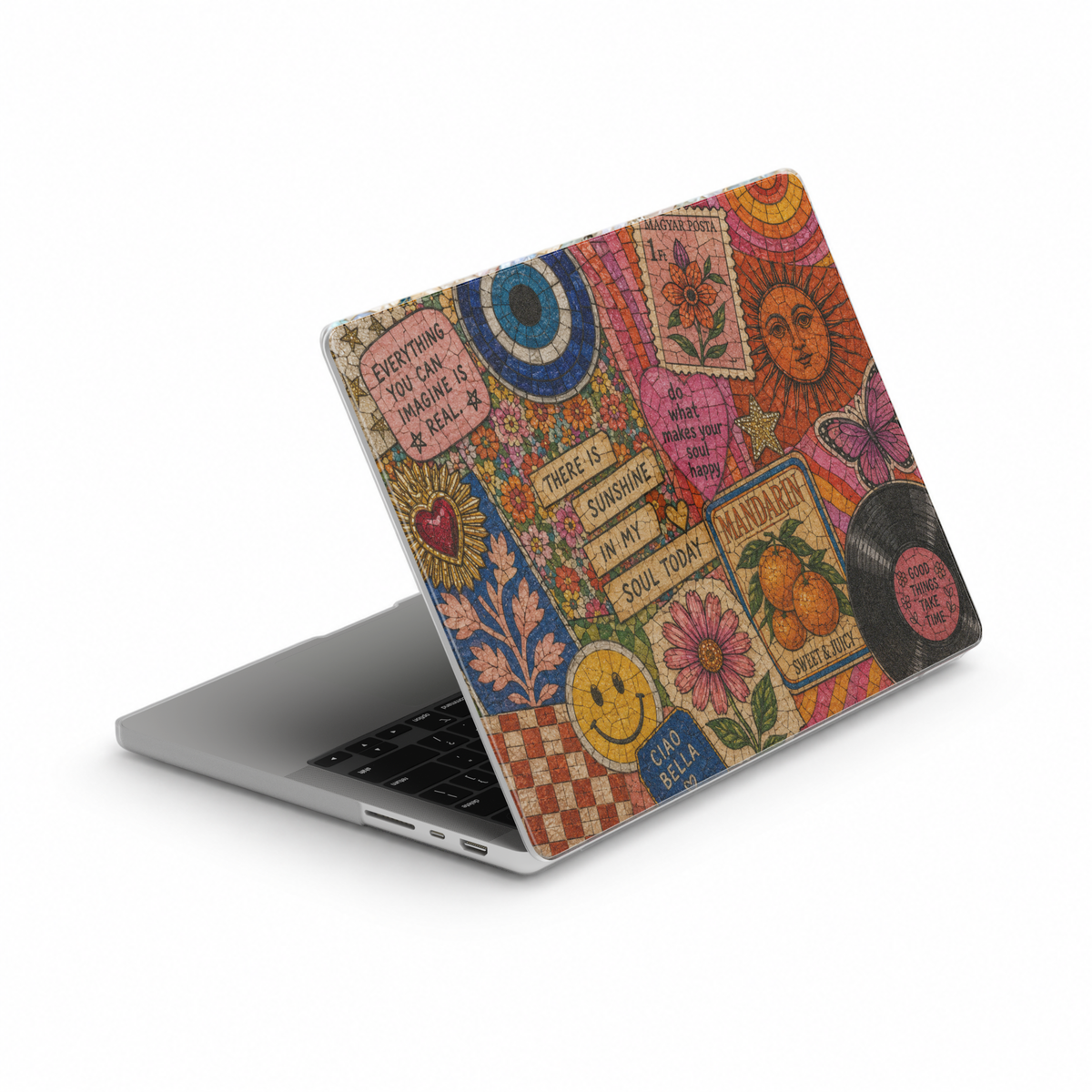Colorful retro collage MacBook cover featuring sunshine artwork, florals, butterflies, smiley faces, inspirational quotes, evil eye motifs, and vintage aesthetic elements.