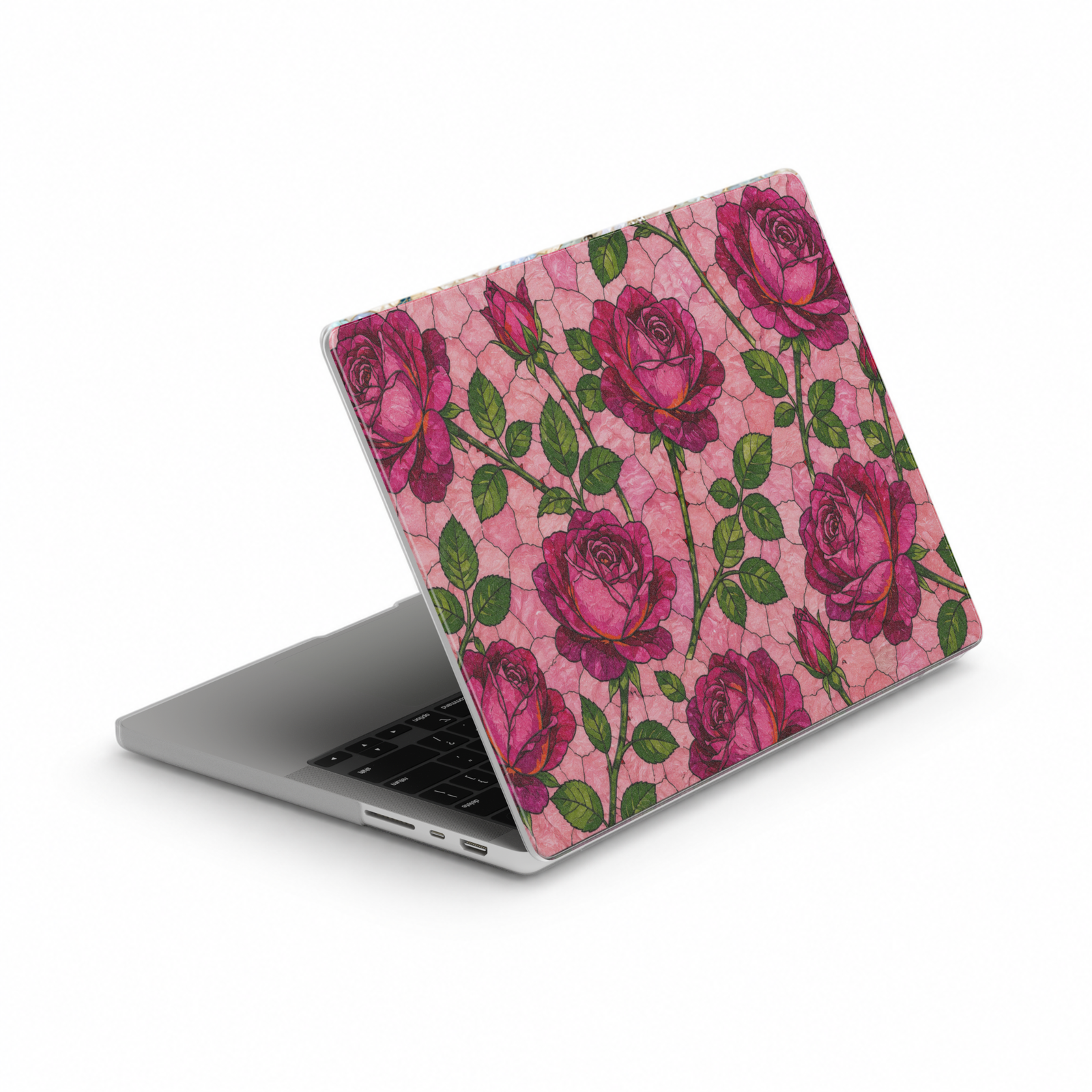 Pink floral MacBook cover featuring blooming pink roses and green leaves on a soft blush background.