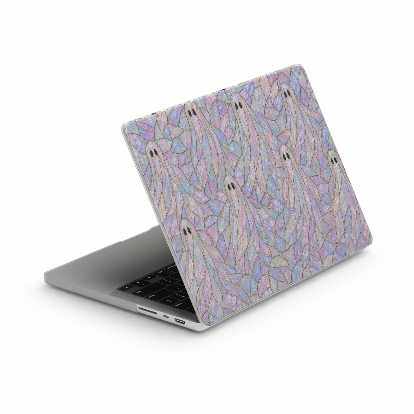Pastel Halloween MacBook cover featuring adorable floating ghosts on a soft lavender, pink, and blue stained-glass inspired background.