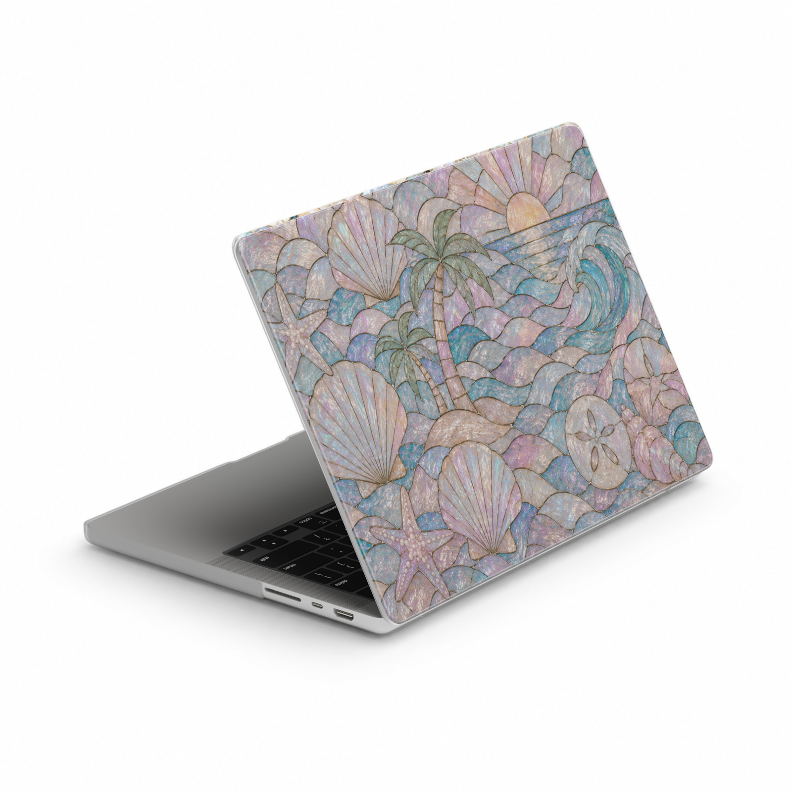 Pastel coastal MacBook cover featuring seashells, starfish, ocean waves, palm trees, sand dollars, and a beach sunset in soft pink and blue tones.