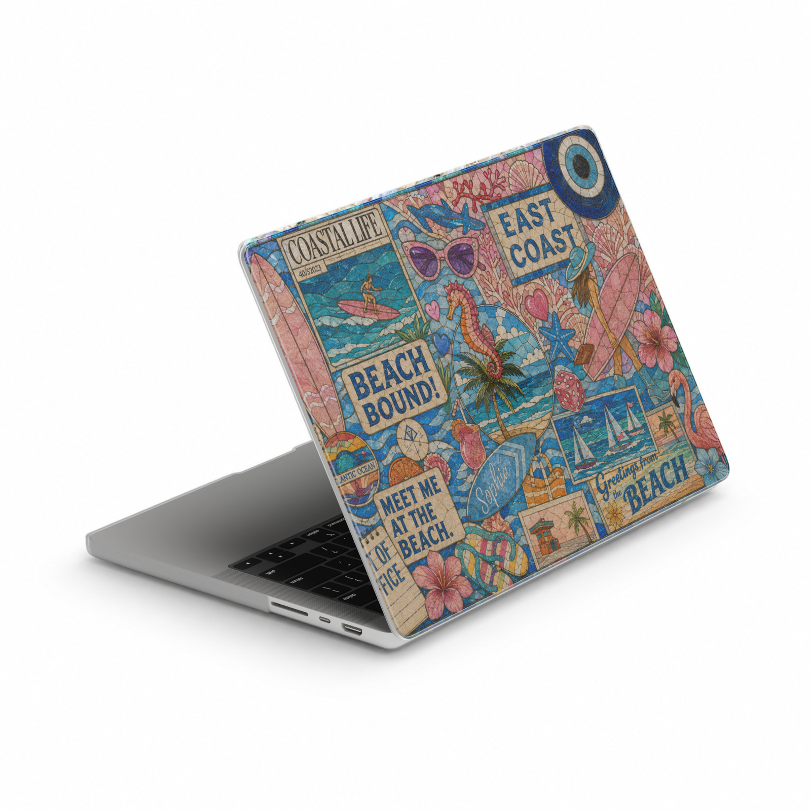 MacBook cover featuring a colorful beach collage with coastal postcards, surfboards, flamingos, sailboats, seashells, tropical flowers, and East Coast summer-inspired artwork.
