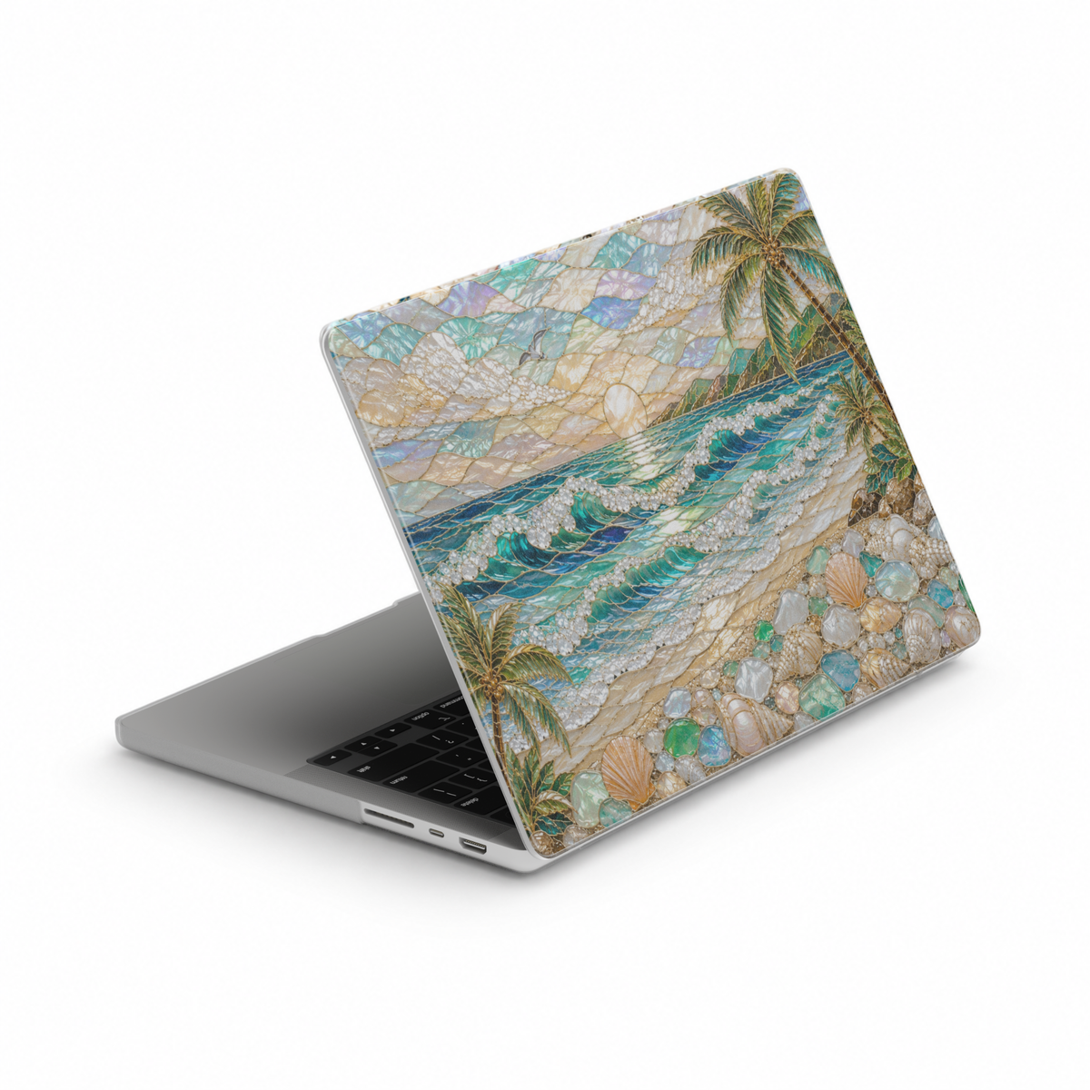 Luxury beach-themed MacBook case featuring ocean waves, palm trees, seashells, sea glass, pearls, and tropical coastal scenery in turquoise and ivory tones.