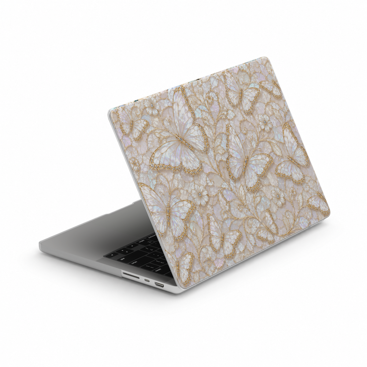 Elegant butterfly MacBook case featuring ivory butterflies, delicate floral patterns, pearl-inspired textures, and luxurious gold detailing.