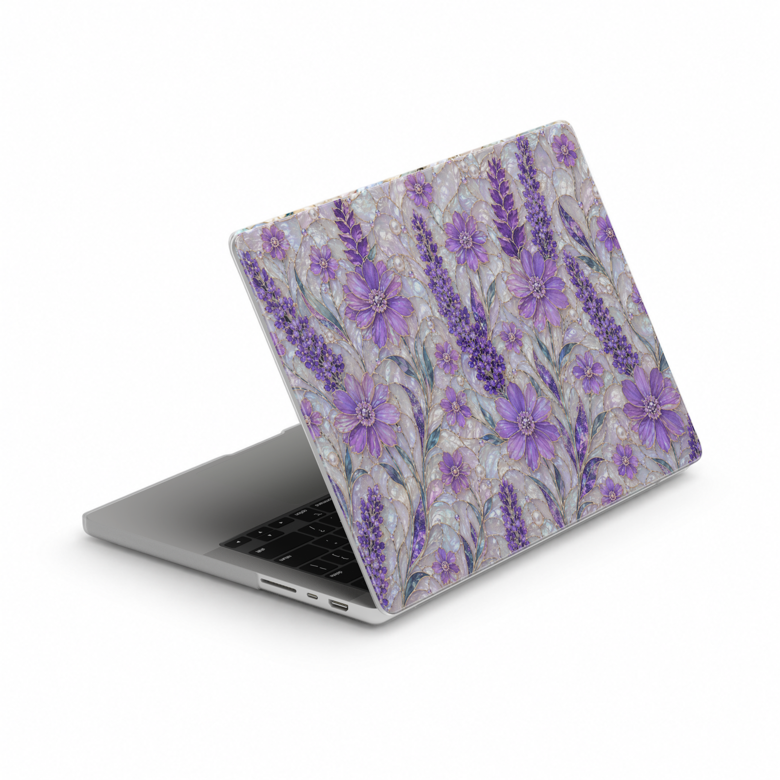 Lavender floral MacBook case featuring blooming purple flowers, lavender stems, delicate botanical leaves, and elegant stained-glass-inspired artwork.