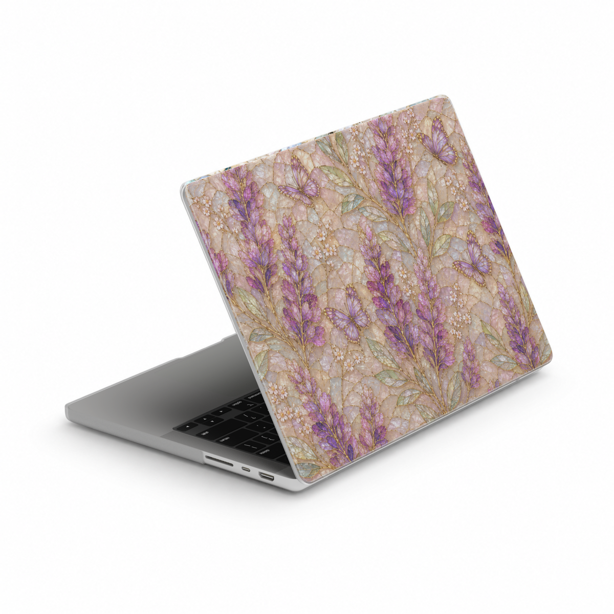 Lavender floral MacBook case featuring purple lavender stems, delicate butterflies, wildflowers, and soft pastel botanical artwork.