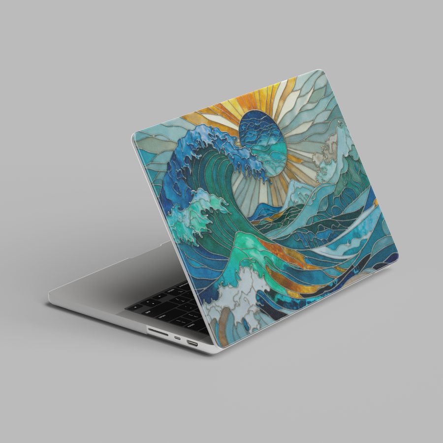 Stained glass ocean wave MacBook case with teal blue waves and sunburst coastal design