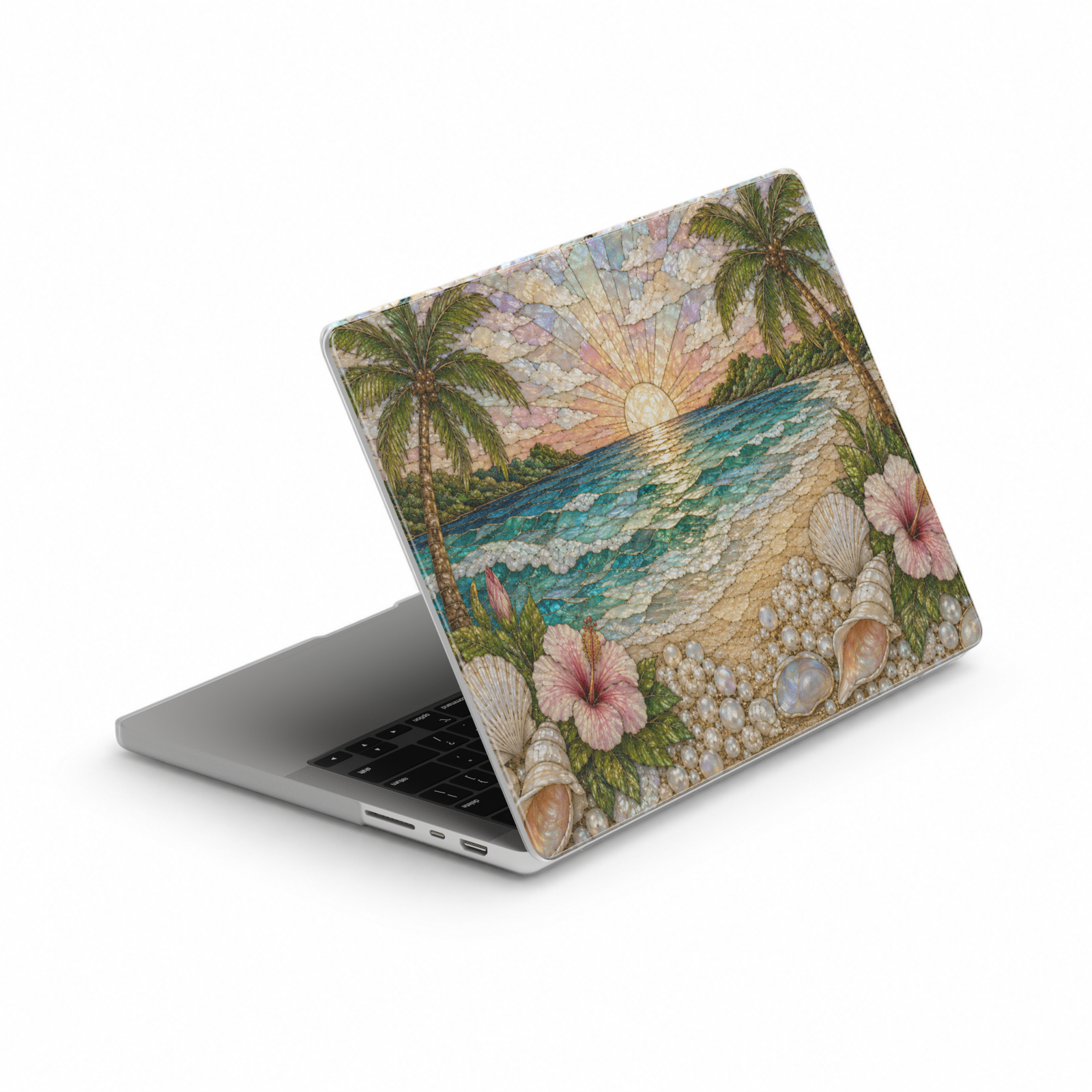 Coastal beach MacBook case featuring ocean waves, palm trees, seashells, sea glass, pearls, sandy shores, and a tropical seaside sunset in soft turquoise and neutral tones.