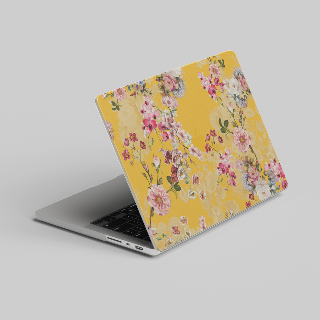 Bright yellow MacBook case with vibrant floral pattern, romantic cottagecore laptop cover for MacBook Pro and Air models