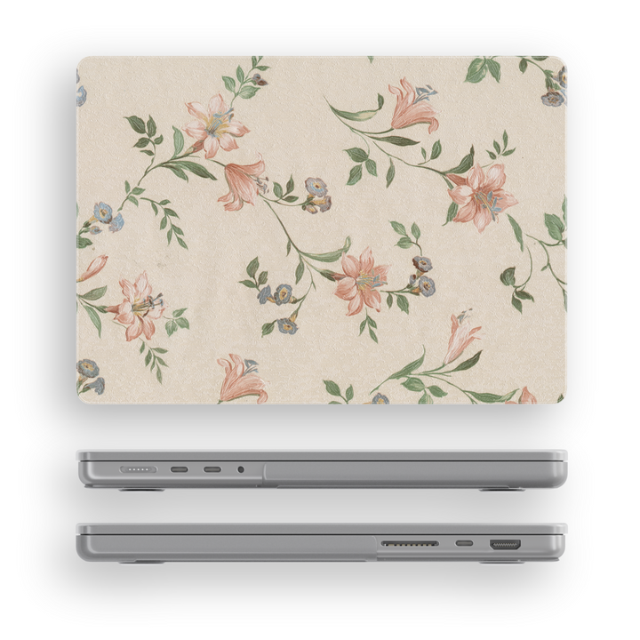 Beige floral MacBook case with delicate lilies and greenery, vintage aesthetic laptop cover for MacBook Air and Pro, feminine and soft design









