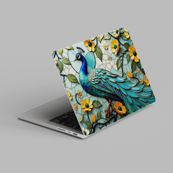 Stained glass peacock MacBook case with teal blue feathers and yellow floral accents