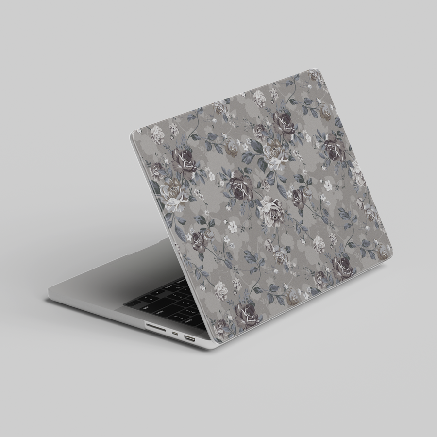 Elegant gray MacBook case with vintage floral design and muted dark roses, compatible with MacBook Pro and Air models, chic aesthetic laptop cover









