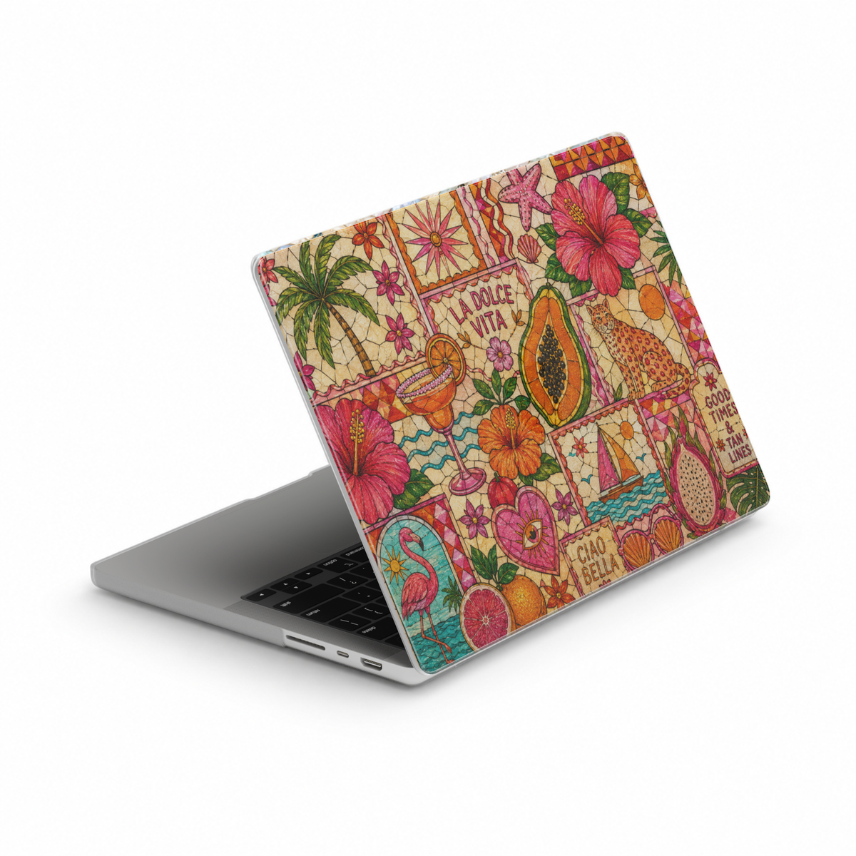 Tropical MacBook cover featuring hibiscus flowers, papaya, citrus fruits, flamingo, palm trees, sailboat, cocktail, and Italian summer-inspired artwork.