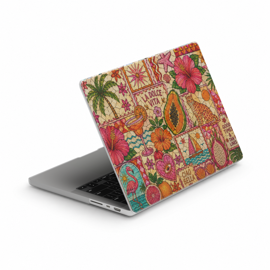 Tropical MacBook cover featuring hibiscus flowers, papaya, citrus fruits, flamingo, palm trees, sailboat, cocktail, and Italian summer-inspired artwork.