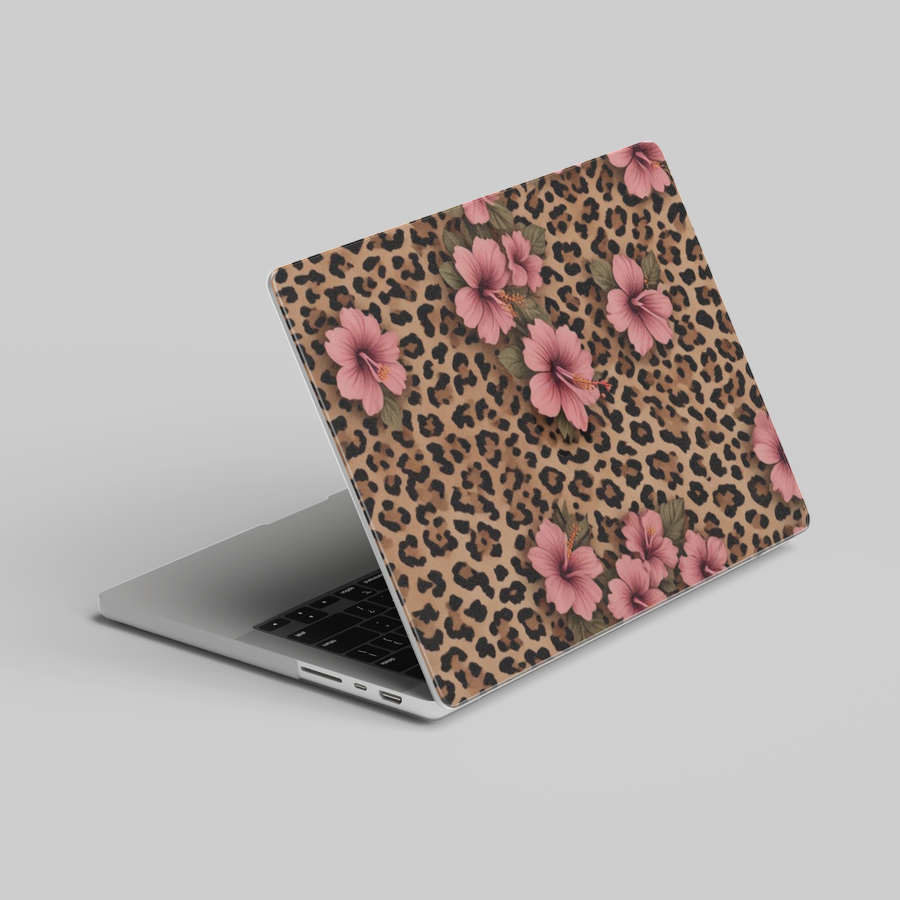 Leopard print MacBook case with pink hibiscus flowers, floral cheetah pattern laptop cover for MacBook Air and Pro, stylish girly design








