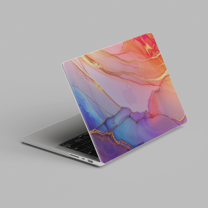 Pastel abstract marble MacBook case with teal, lavender, and peach tones accented by soft gold veining