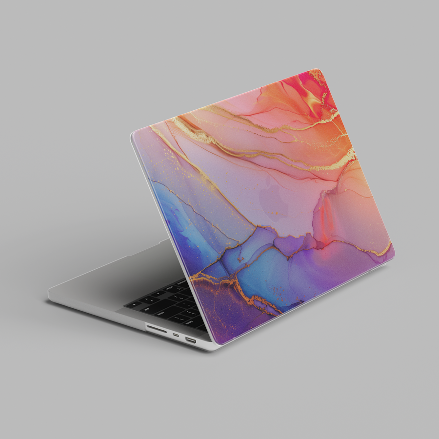 Pastel abstract marble MacBook case with teal, lavender, and peach tones accented by soft gold veining