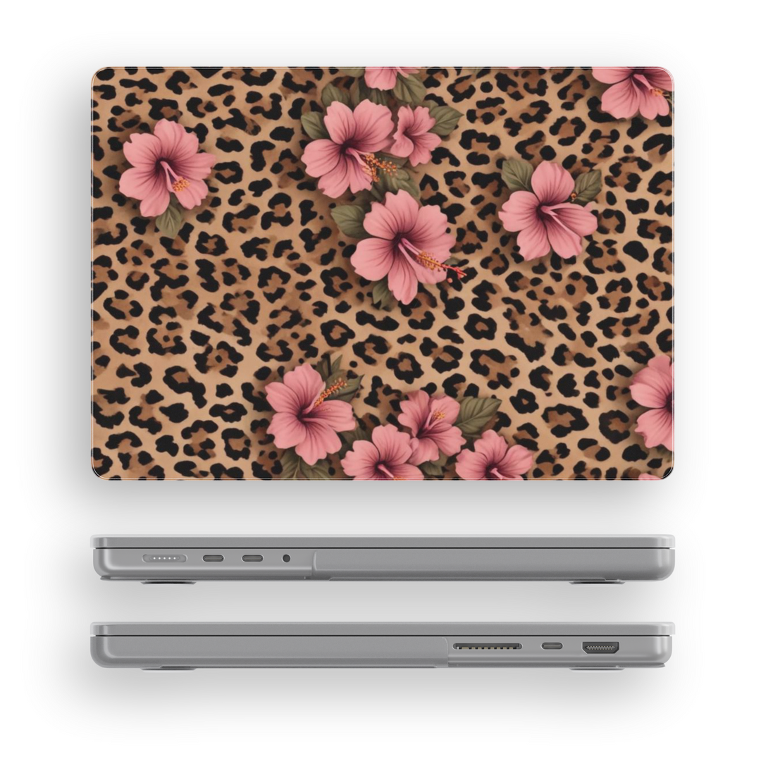 Leopard print MacBook case with pink hibiscus flowers, floral cheetah pattern laptop cover for MacBook Air and Pro, stylish girly design








