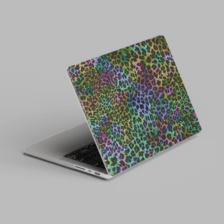 MacBook case with colorful neon leopard print pattern in green, purple, and multicolor tones
