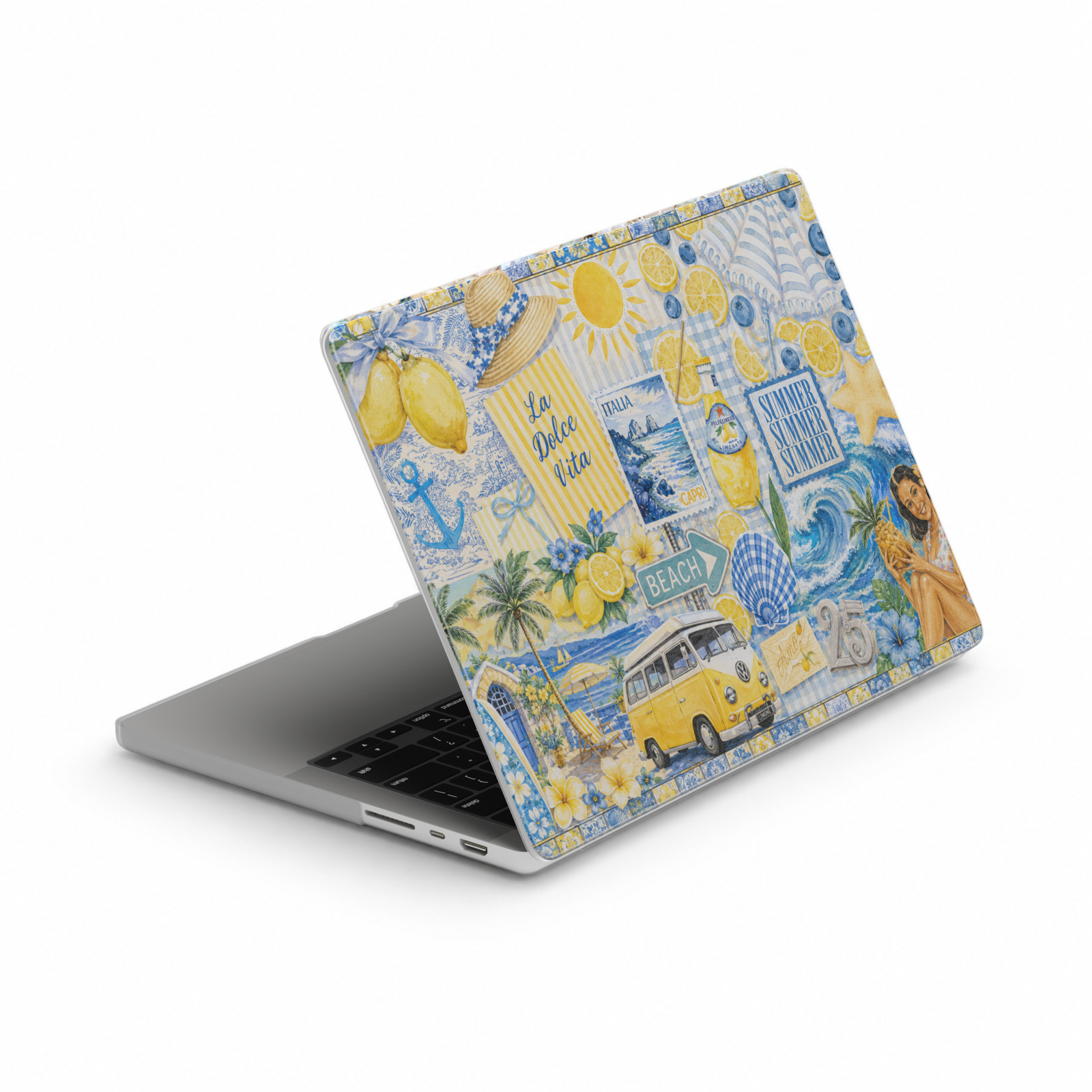 MacBook cover featuring an Italian summer collage with lemons, limoncello, beach scenes, Capri postcards, coastal waves, and Mediterranean-inspired artwork in blue and yellow tones.