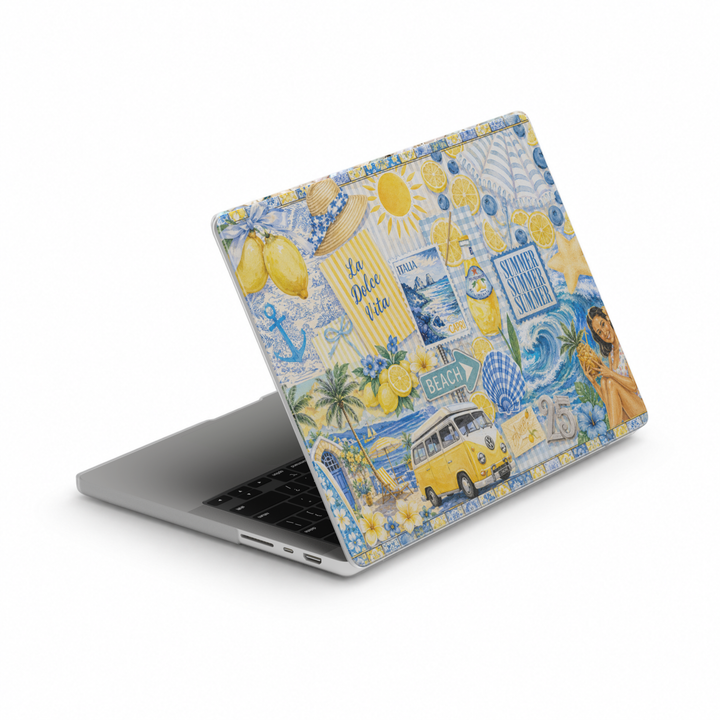 MacBook cover featuring an Italian summer collage with lemons, limoncello, beach scenes, Capri postcards, coastal waves, and Mediterranean-inspired artwork in blue and yellow tones.