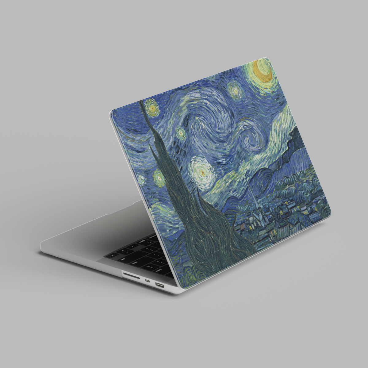 Starry night painting style hard shell MacBook laptop case with swirling blue night sky artwork