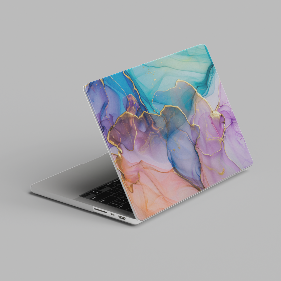 Pastel abstract marble MacBook case with teal, lavender, and peach tones accented by soft gold veining