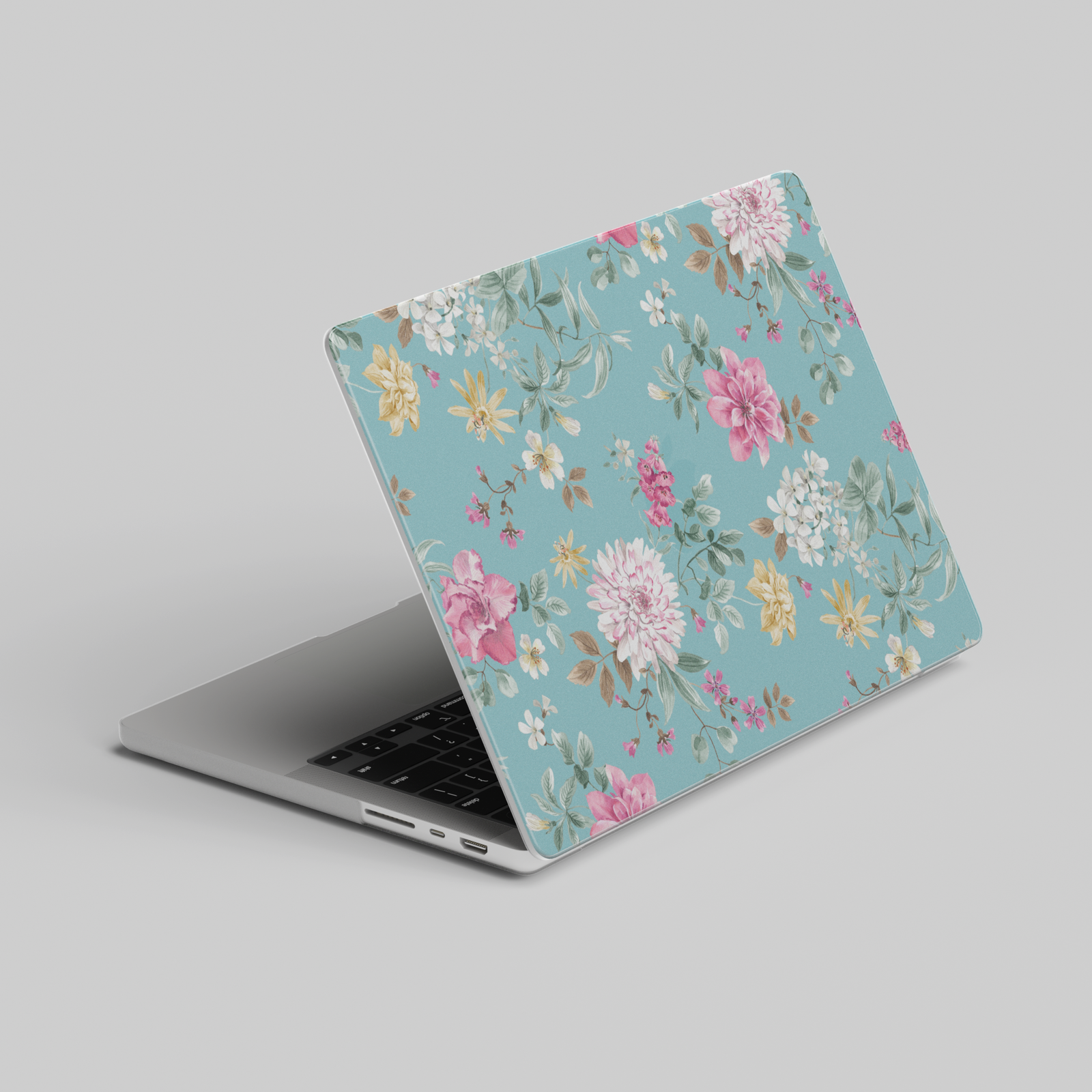 Blue floral MacBook case with pastel flowers, soft romantic laptop cover for MacBook Pro and Air, aesthetic feminine laptop skin