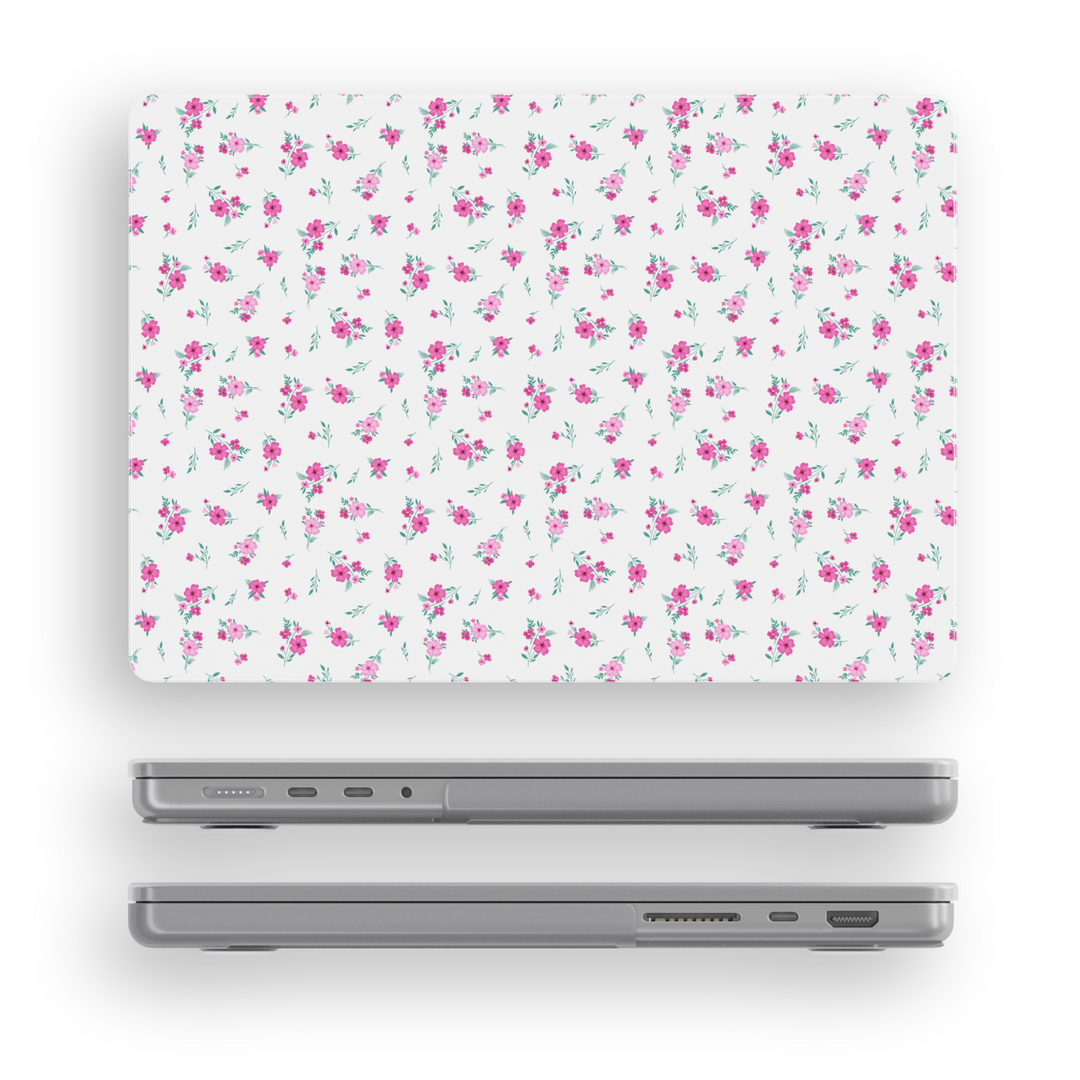 Minimal white MacBook case with tiny pink floral print – aesthetic laptop skin compatible with MacBook Air 13, Pro 14, Pro 16, and more.