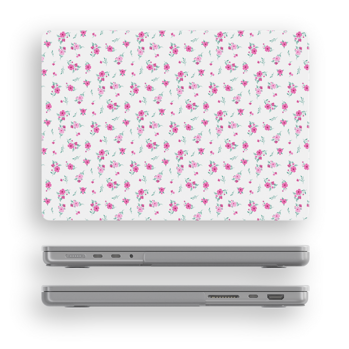 Minimal white MacBook case with tiny pink floral print – aesthetic laptop skin compatible with MacBook Air 13, Pro 14, Pro 16, and more.