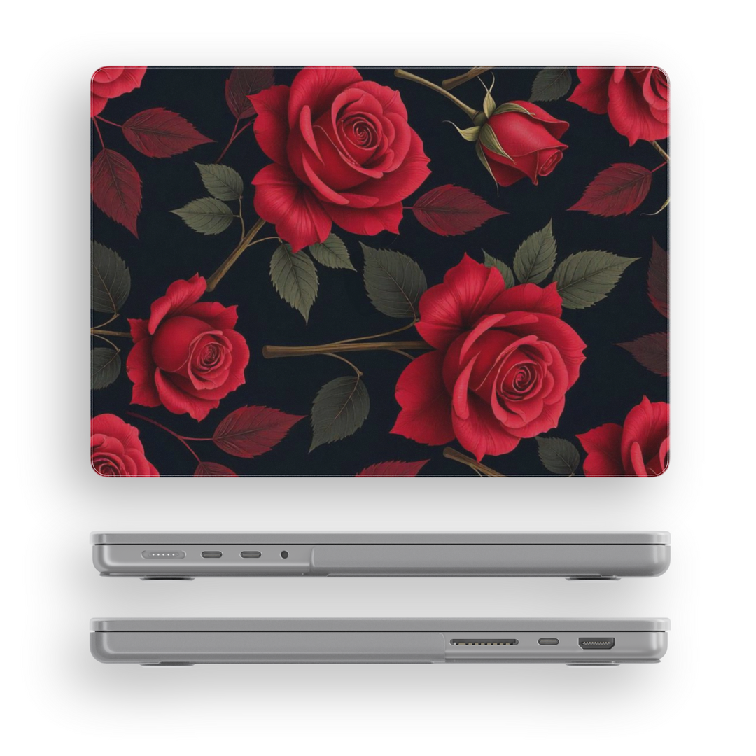 Chic black MacBook case with large red roses and green leaves – floral MacBook Pro and Air skin for 13, 14, 15, and 16 inch models.