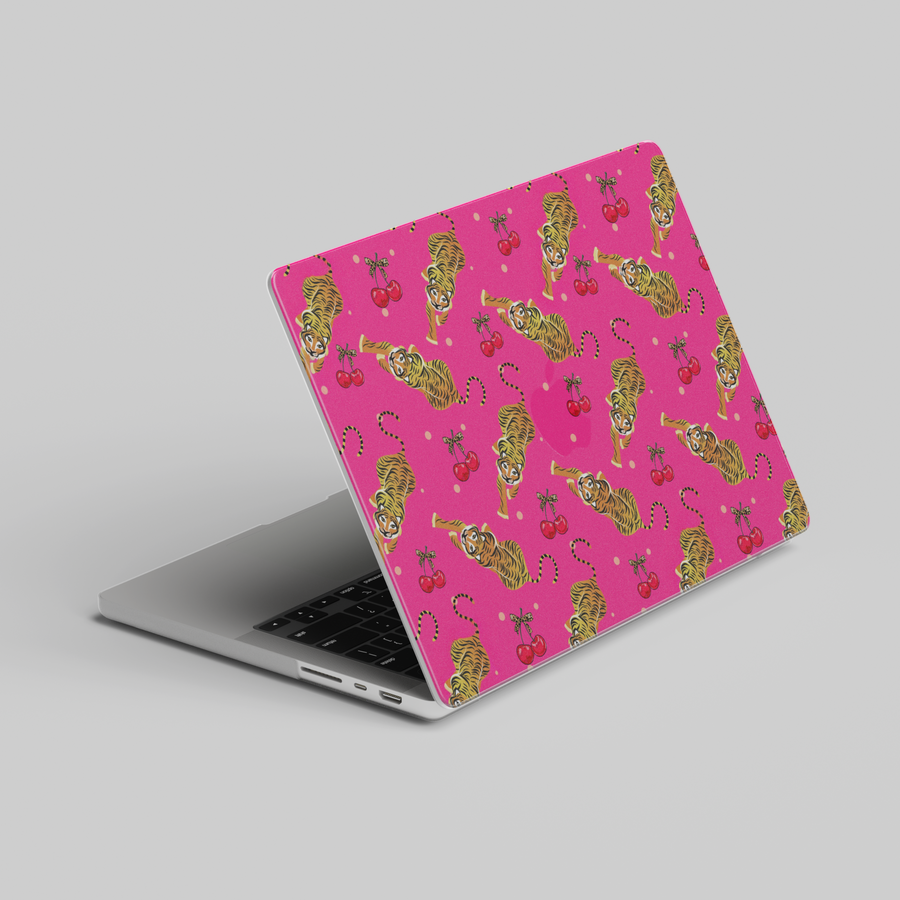 Bright pink MacBook case with playful tigers and cherry patterns – bold laptop cover for MacBook Pro, Air 13 inch, 14 inch, and 16 inch.