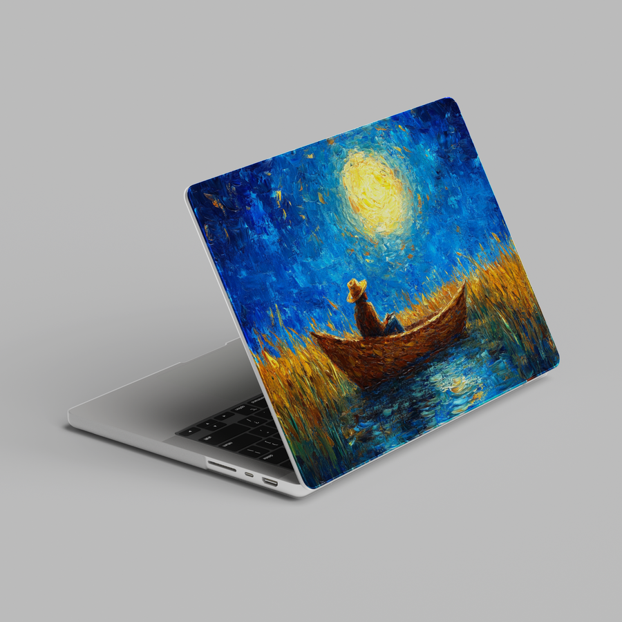 Impressionist moonlit lake boat hard shell MacBook laptop case