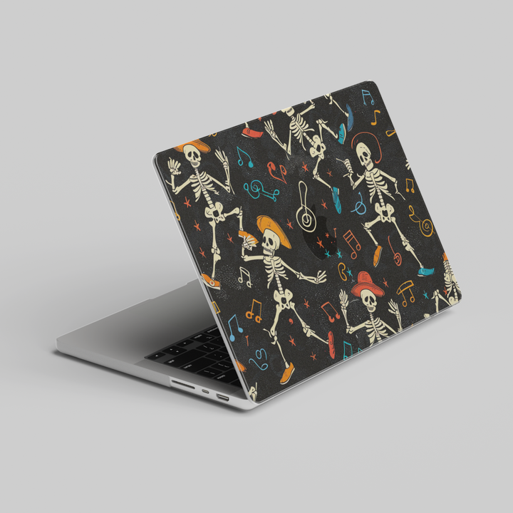Black MacBook case with dancing skeletons, music notes, and hats – fun Halloween and music-themed laptop skin for MacBook Air and Pro.