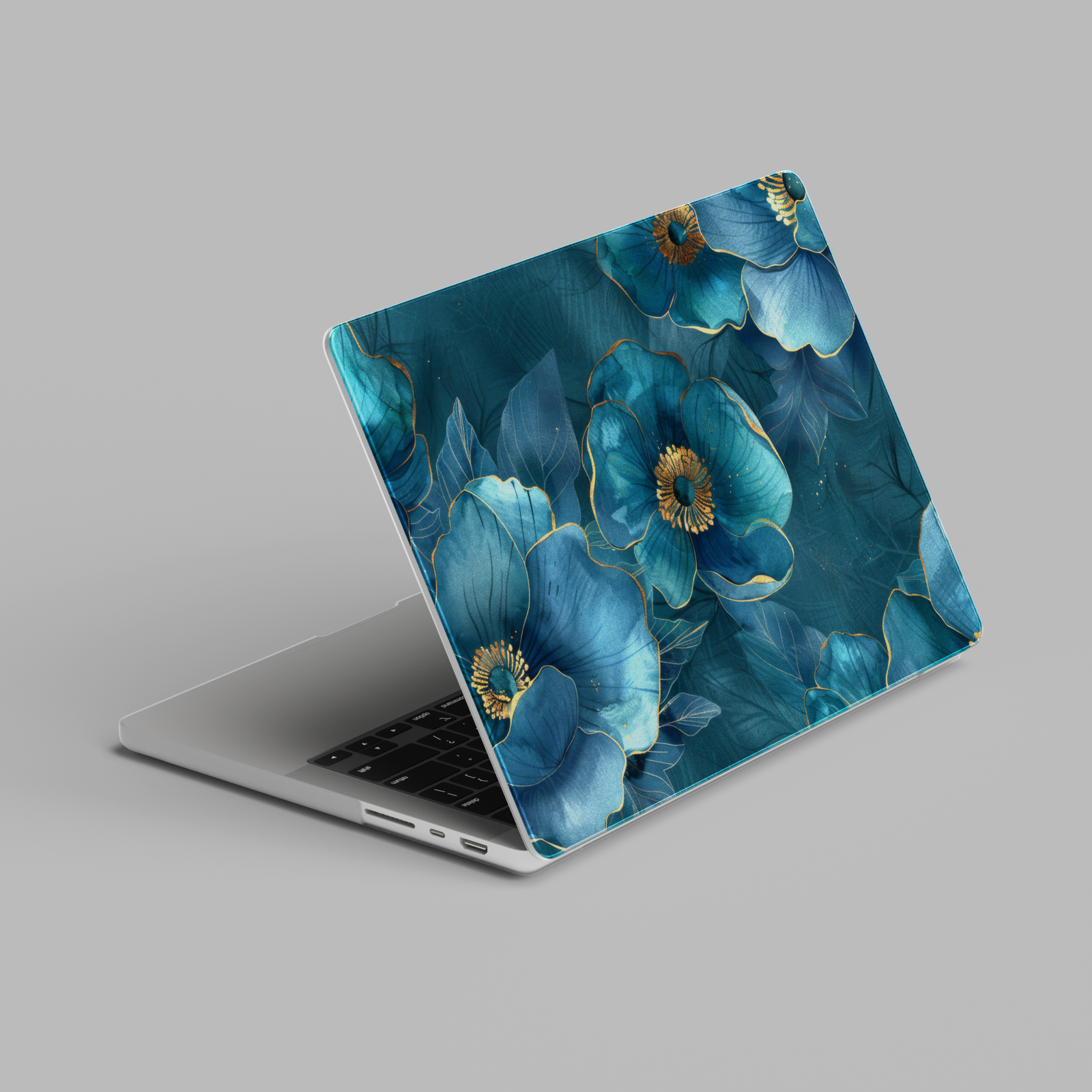 Teal blue floral hard shell MacBook laptop case with gold details