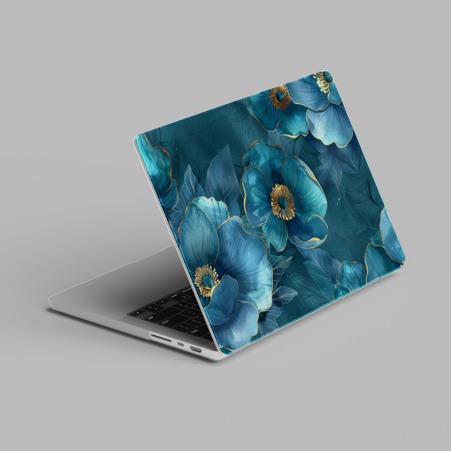 Teal blue floral hard shell MacBook laptop case with gold details