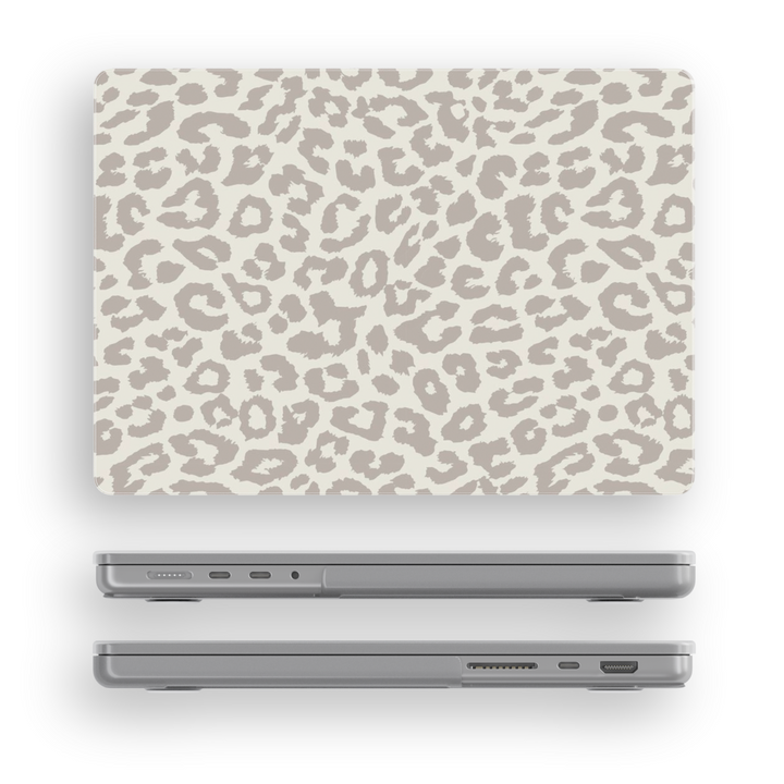 Beige cheetah print MacBook case with minimalist animal pattern, aesthetic laptop skin compatible with MacBook Pro and Air models.